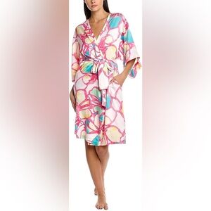 NWT Natori Taisho Robe Kimono White Multi Watercolor Lilies Print Women’s Large